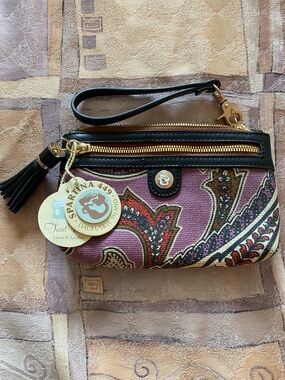 Spartina 449 Purple Paisley Printed Wristlet with Black Trim & Gold Hardware NWT
